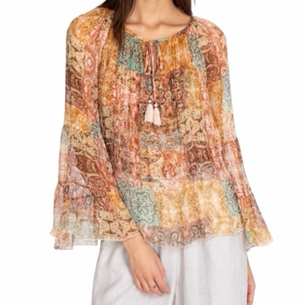 Johnny Was Sheer Silk Tunic Blouse Patchwork Floral Boho Multicolor (108)